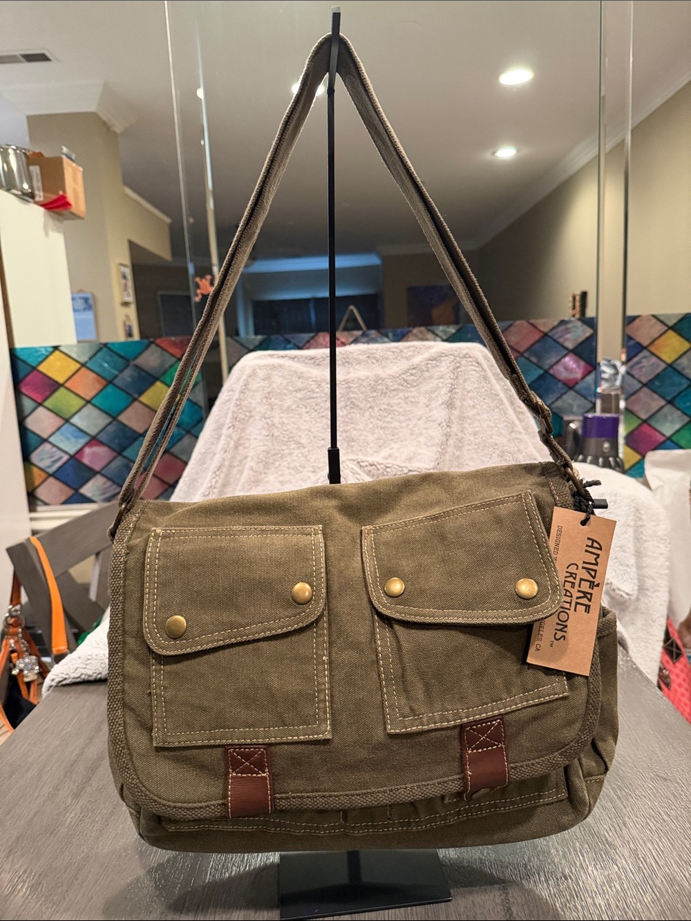 Vegan Canvas Messenger Bag in Olive Green - Picture 7 of 7